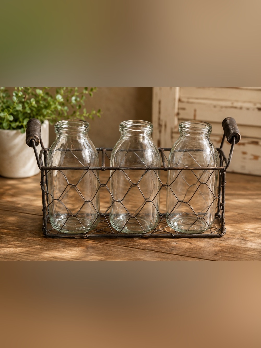 Rustic Farmhouse Succulent Centerpiece | 3 Glass Bottles in Wire Caddy
